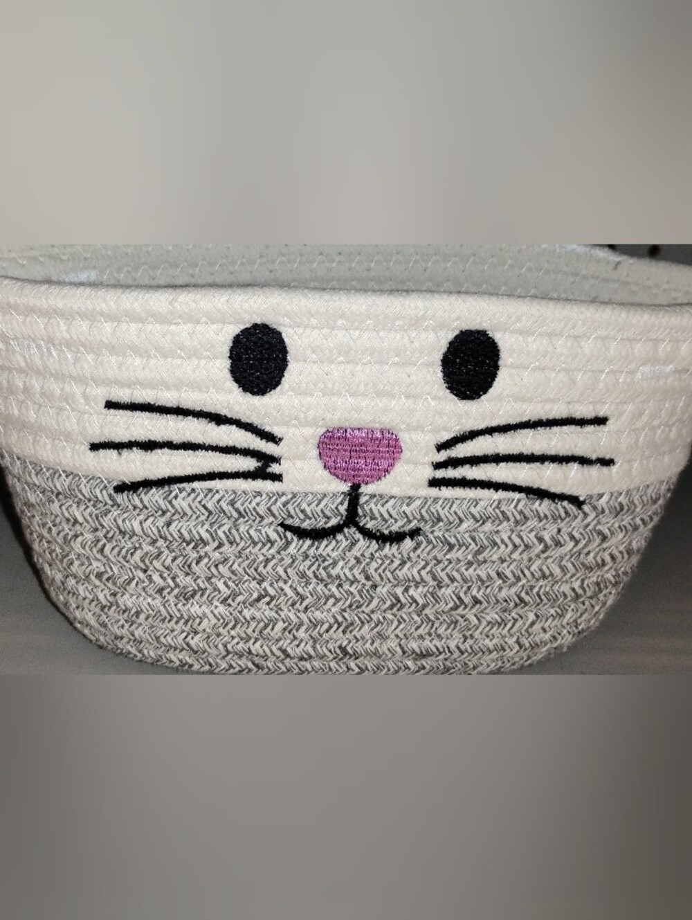 Whimsical Cat Face Storage Basket in White and Purple